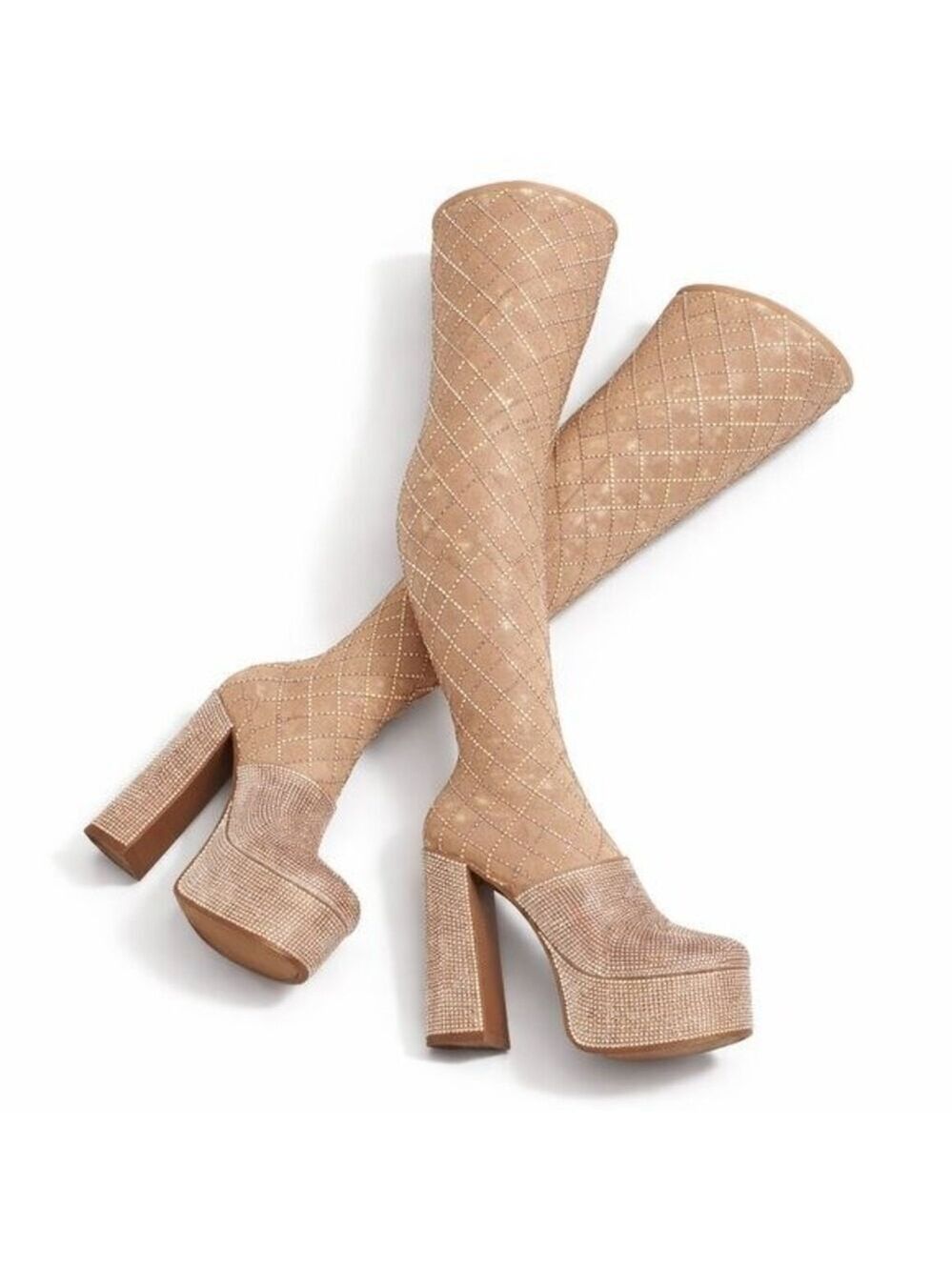 NIB Diamonds Rose Gold Rhinestone Stretch Thigh High Chunky Heel Platform Boots